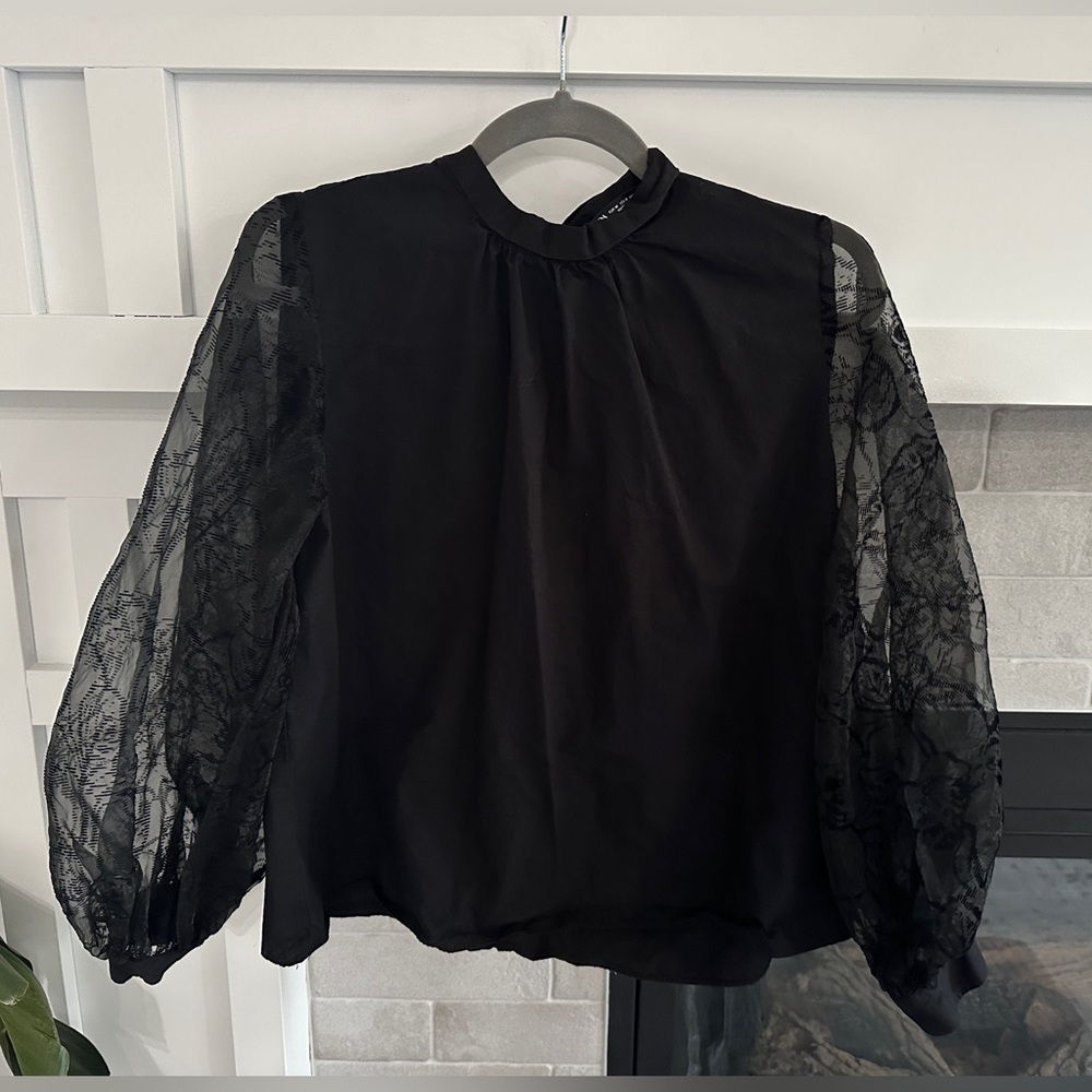 Zara black blouse with puff mesh floral sleeves| size M